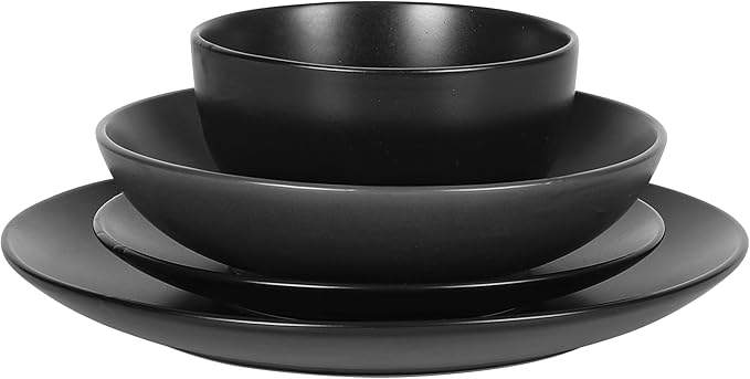 Gibson Home Queenslane 16-Piece Matte Black Stoneware Dinnerware Set ??Double Bowl Plates and Bowls, Durable Kitchen Dinner Set
