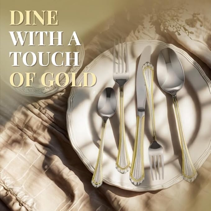18/10 Stainless Steel Flatware Set - 20pc Italian Collection Style Utensils with Gold Shell Edge Design - Essential Items for Apartment and Kitchen - Ideal for Wedding Gift (Longshell (20 Piece))