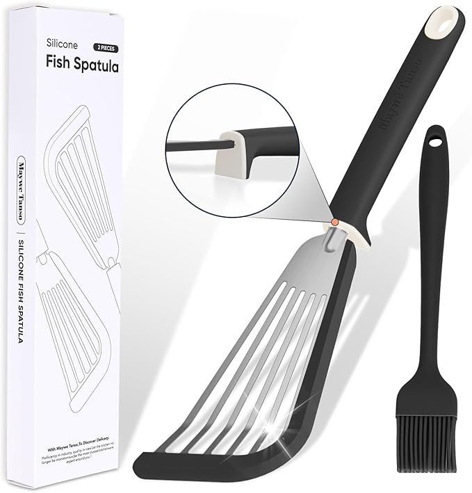 Fish Spatula,600??Heat Resistant Silicone Fish Spatula with Basting Brush,for Nonstick Cookware,Flexible Slotted Fishs Turner Spatulas,BPA Free,Dishwasher Safe(Black)