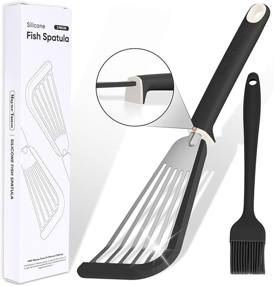 Fish Spatula,600??Heat Resistant Silicone Fish Spatula with Basting Brush,for Nonstick Cookware,Flexible Slotted Fishs Turner Spatulas,BPA Free,Dishwasher Safe(Black)