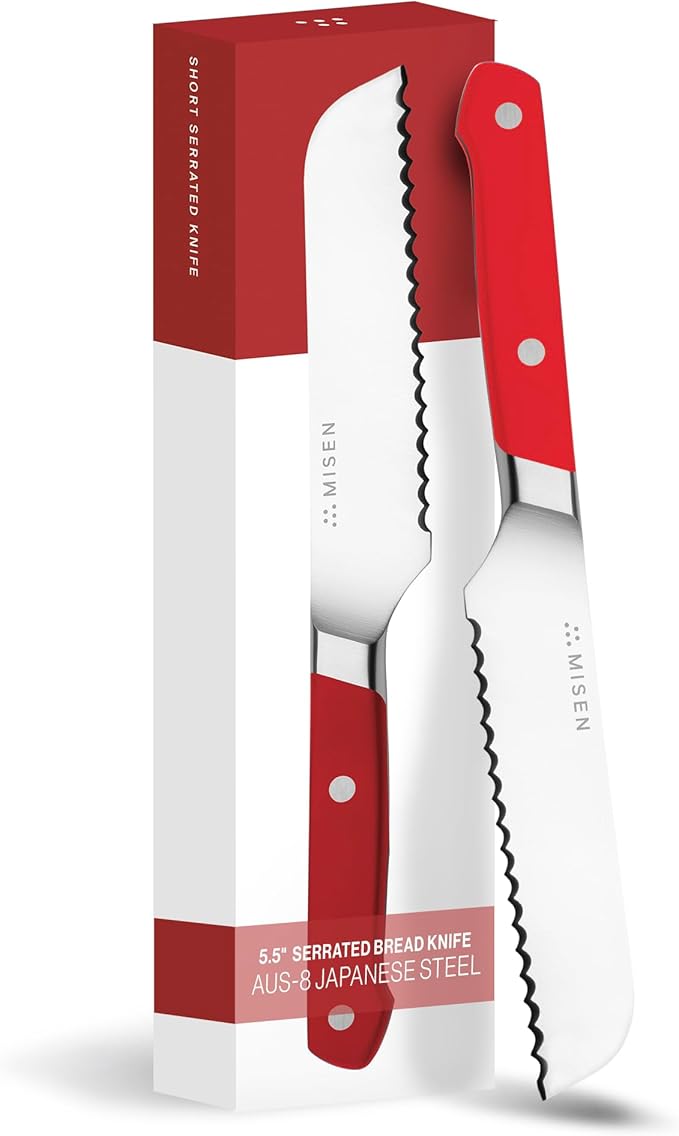 Misen Serrated Bread Knife - High-Carbon Japanese AUS8 Steel - Perfect for Soft Foods, Bread, Pastries, and Fruits - Verstatile Slicer, Razor-Sharp Edge, Durable Blade, Ergonomic Handle - 5", Red