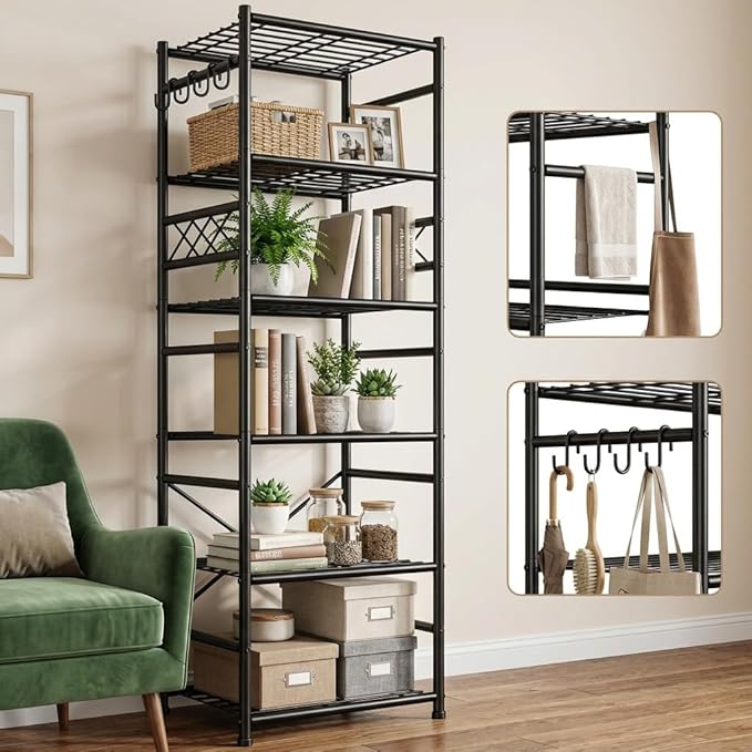 Storage Shelves-6 Tier Metal Shelving Unit with Hooks,Heavy Duty Garage Shelving with Leveling Feet,High Standing Shelf Organizer for Kitchen Pantry Bathroom Dorm,17.7?쓂횞11.8?쒭 횞72.2?쒱,Black
