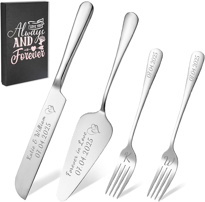 HJX Personalized Cake Knife and Server Set for Wedding - Engraved Stainless Steel Cake Cutting Set, Custom Elegant Cake Cutter Gift for Anniversary Birthday (06-Gift Box Silver)