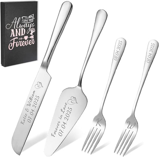 HJX Personalized Cake Knife and Server Set for Wedding - Engraved Stainless Steel Cake Cutting Set, Custom Elegant Cake Cutter Gift for Anniversary Birthday (06-Gift Box Silver)