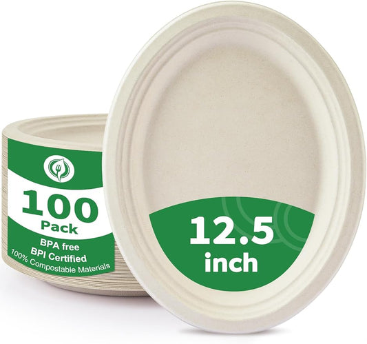 100Pack Compostable Oval Paper Plates Disposable Plates Heavy Duty Eco-Friendly Large Dinner Plates Biodegradable Bagasse Paper Plates for Meals, Parties, Birthday, Christmas
