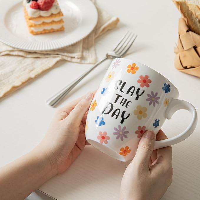 16OZ Ceramic Slay the Day Coffee Mugs Set, Large Colorful Coffee Cups with Handles for Milk, Tea, Latte, Mocha, Cocoa, Cappuccino, Porcelain Cups Gift for Holiday or Anniversary (4PCS)