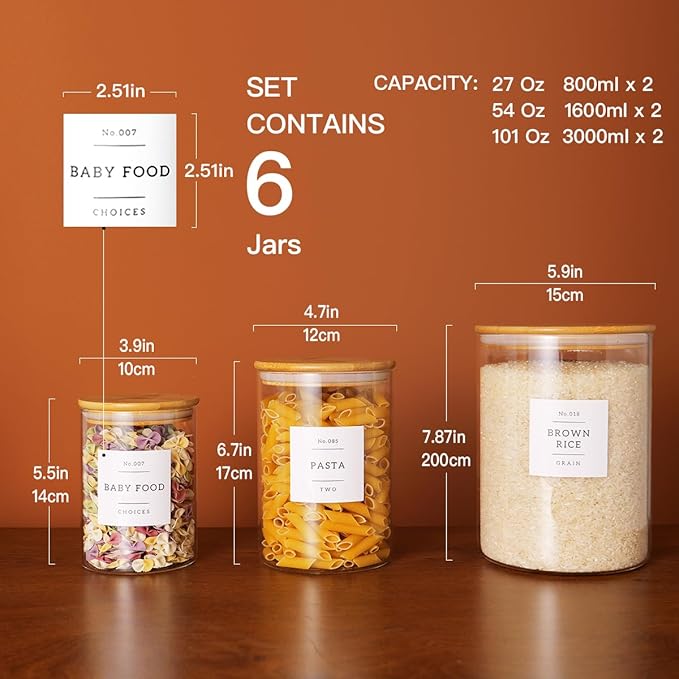 Set of 6 Glass Flour and Sugar jars with 132 Kitchen Pantry Labels - Thicken Large Glass Storage containers with Airtight Bamboo Lid - Rice Canisters for Salt Coffee(100OZ/54OZ/27OZ)