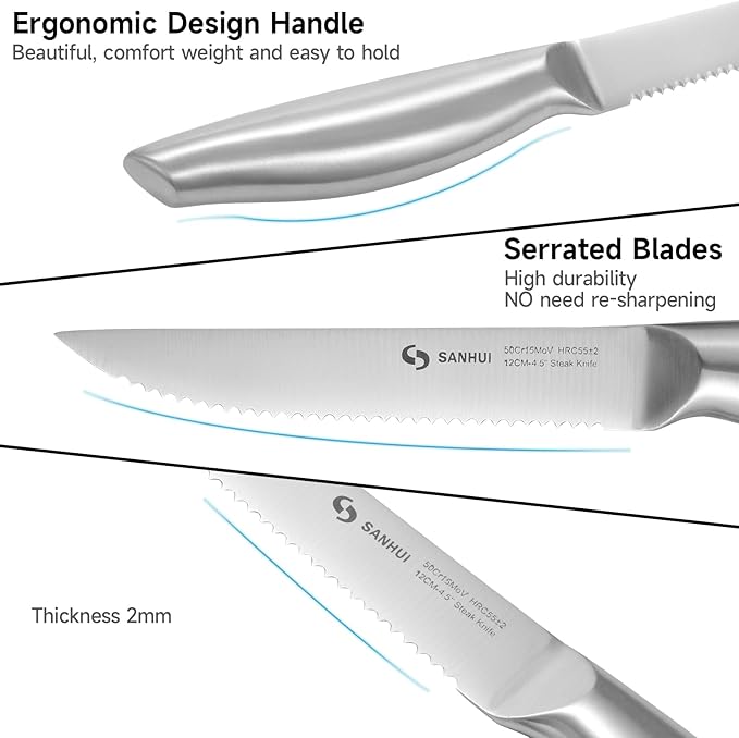 Steak Knives, Steak Knife Set of 8, German Stainless Steel Steak Knife Serrated, Silver