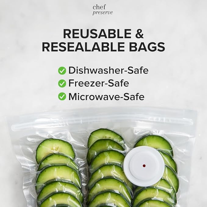 Chef Preserve Reusable Vacuum Sealer Bags for Food ??30 BPA-Free Small (8 x 10 in) Food Storage Bags, Freezer, Microwave ??Odor-Resistant, Leak-Proof ??Compatible with Chef Preserve Vacuum Sealers