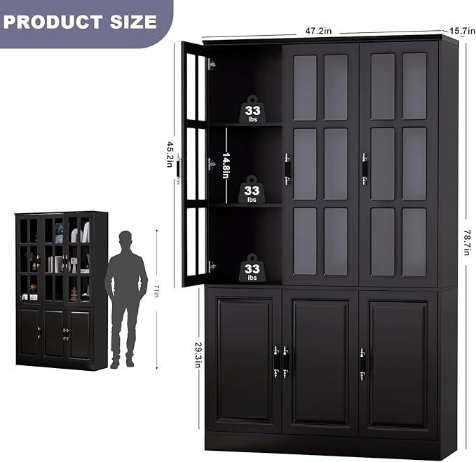 MEISSALIVVE Kitchen Pantry Storage Cabinet, 78.7" Tall with Glass Doors & Drawers, Freestanding Utility Cabinet, Black (47.2" W x 15.7" D)