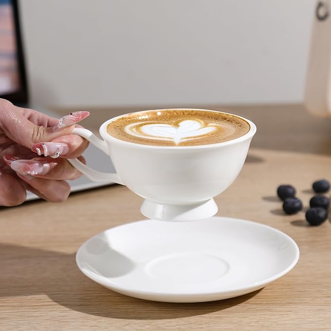 Fine Bone China Espresso Cups and Saucers Set of 2, 5 Oz Classic Plain White Luxury Ceramic Coffee Cups Set, for Wedding, Afternoon Tea, Gift, Work, Festival