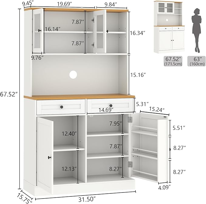 Tall Pantry Cabinet, Modern Kitchen Hutch with Microwave Stand, Kitchen Pantry Storage Cabinet with 2 Darwers & Door Shelf, Food Pantry with Glass Doors & Adjustable Shelves for Dining Room, White