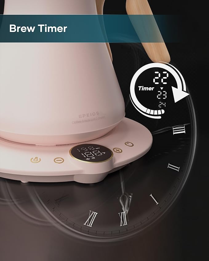 Gooseneck Electric Kettle with 짹1??Temperature Control for Pour Over Coffee & Tea, Quick Heating, BPA-Free Stainless Steel, Built-in Brew Timer, 1500W/0.9L (Munch Pink)