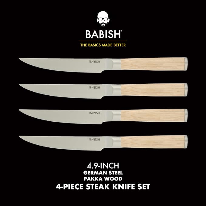 Babish 4-Piece 1.4116 German Stainless Steel Steak Knife Set with Light Pakka Wood Handles ??Full-Tang Steak Knives for Dining, Entertaining & Everyday Table Use