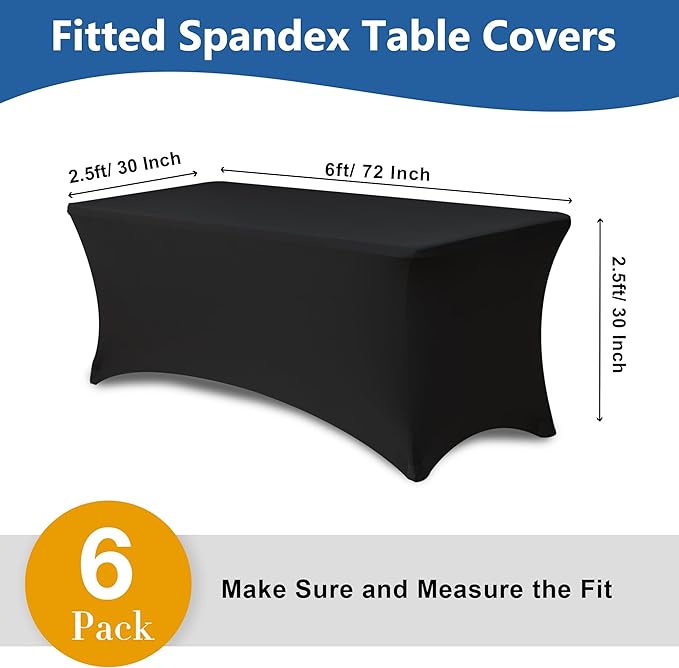 Enjoyidea Spandex Table Cover for 6 foot Rectangle Tables-6 Pack Fitted Stretch Black Tablecloth-Elastic 6ft Folding Tablecloths for Party, Vendor Booth Display, Banquet Buffet Event, Craft Trade Show