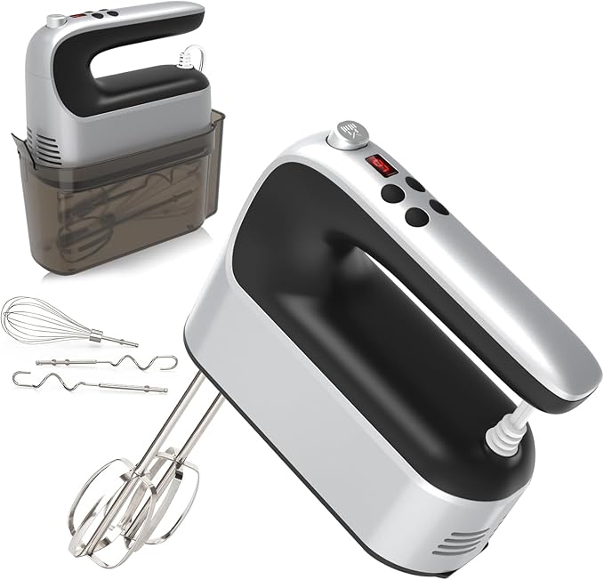 9-Speed Digital Hand Mixer Electric, 400W Powerful DC Motor, Baking Electric Handheld with Snap-On Storage Case, 5 Stainless Steel Accessories, Flat Beaters, Dough Hooks, Whisk(Silvery Black)