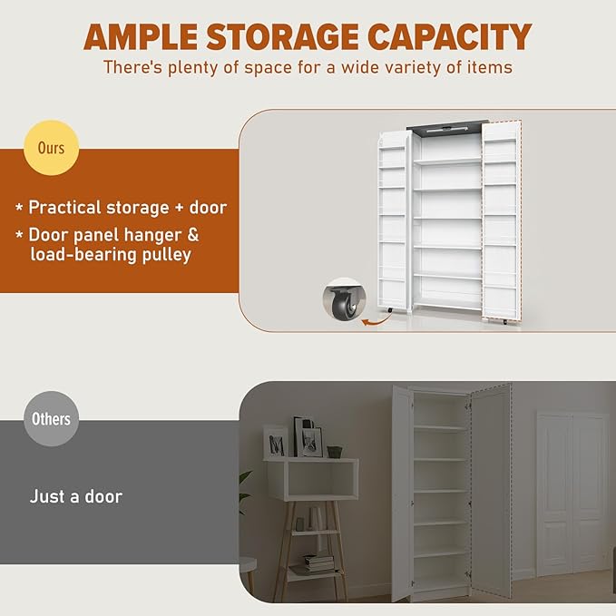 Pantry Cabinet, 71" Tall Farmhouse Kitchen Pantry Cabinet with 2 Barn and Adjustable Shelf, High Freestanding Tall Cupboard Storage Cabinet with Light for Living Room, Kitchen(White)