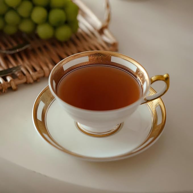 Aynsley Empress Athens 2-Piece Bone China Teacup with Saucer - 6oz Cup, 5.9-inch Saucer, 24K Gold Hand-Painted Relief Design - Elegant Luxury Gift Set