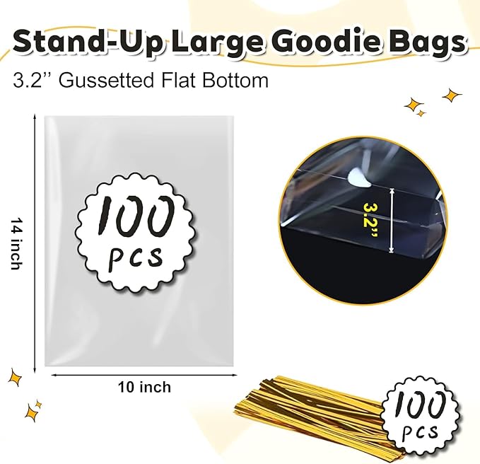 PigPotParty Cellophane Bags 10"x14", 100 Pack Clear Gift Bags, Bottom Gusset for Stand-Up Display, Medium Plastic Cellophane Gift Wrap, Ideal for Large Goodies, Treats, Favors, Mugs, Includes 100 Ties