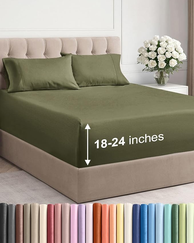 Extra Deep Pocket King Sheets - 4 Piece Breathable & Cooling Bed Sheets - Hotel Luxury Bed Sheet Set - Soft, Wrinkle Free & Comfy - Easily Fits Extra Deep Mattresses - Deep Pocket Sage Green Sheets