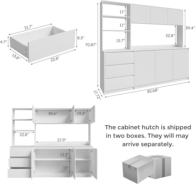 Large Kitchen Hutch Cabinet with Microwave Stand, Storage Cupboard Pantry with 3-Tier External Shelves and 3 Drawers, Ktichen Food Pantry with Open Countertop for Dining Room, White