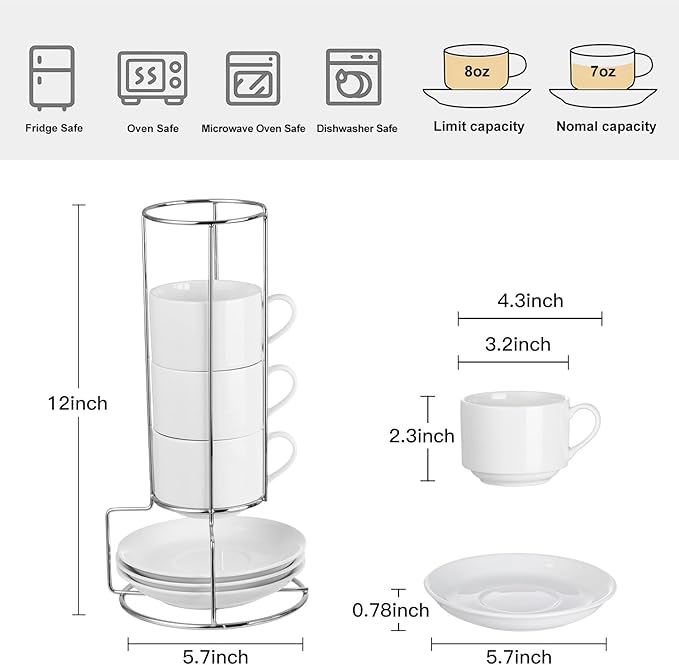 8oz Porcelain Cappuccino Cups with Saucers and Metal Stand, Stackable Coffee Cups for Specialty Coffee Drinks, Cappuccino, Latte, Espresso, Americano and Tea - White Cups Set of 4
