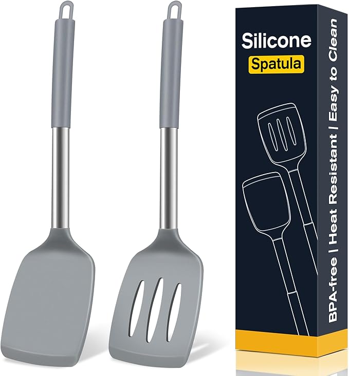 2 Pack Silicone Spatula Set, Solid & Slotted Turner for Non-Stick Pans, High Heat Resistant Silicone Spatula for Cooking, BPA-Free Stainless Steel Cooking Utensils for Fish, Eggs, Pancakes, Gray