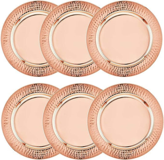 Copper Charger Plates - 6 Pack - 13 inch Round Rose Gold Charger Plates with Hammered Rim - Copper Charger Plate Set