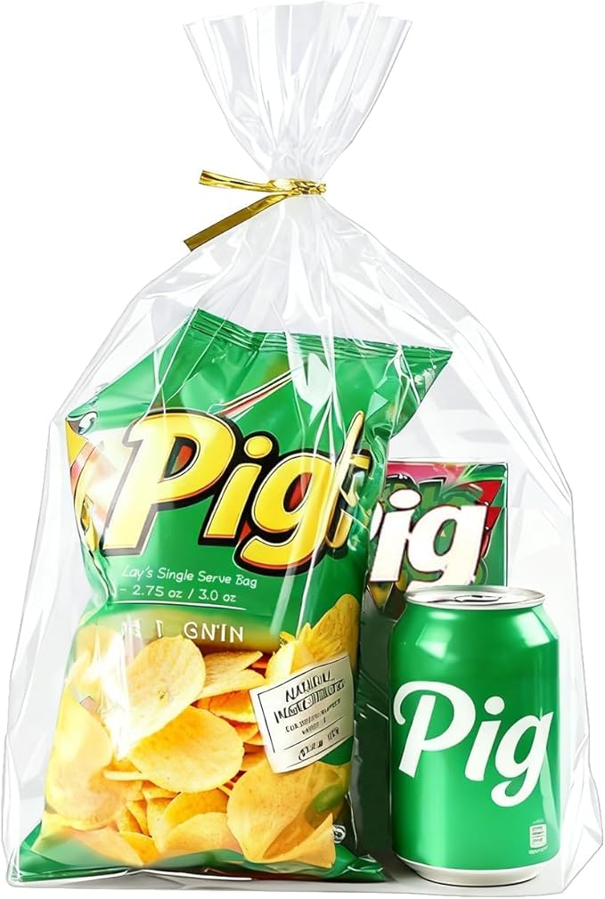 PigPotParty Cellophane Bags 10"x14", 100 Pack Clear Gift Bags, Bottom Gusset for Stand-Up Display, Medium Plastic Cellophane Gift Wrap, Ideal for Large Goodies, Treats, Favors, Mugs, Includes 100 Ties