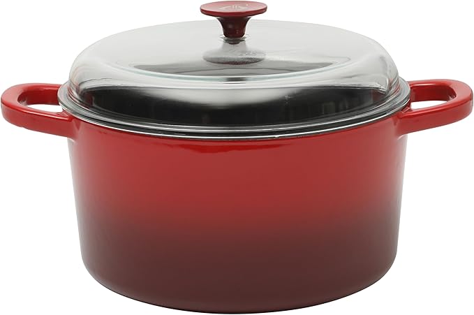 Crock Pot Artisan 7-Quart Round Enameled Cast Iron Dutch Oven With Borosilicate Glass Lid, Heavy-Duty Cookware for Baking, Roasting & Slow Cooking, Red