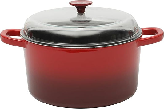 Crock Pot Artisan 7-Quart Round Enameled Cast Iron Dutch Oven With Borosilicate Glass Lid, Heavy-Duty Cookware for Baking, Roasting & Slow Cooking, Red