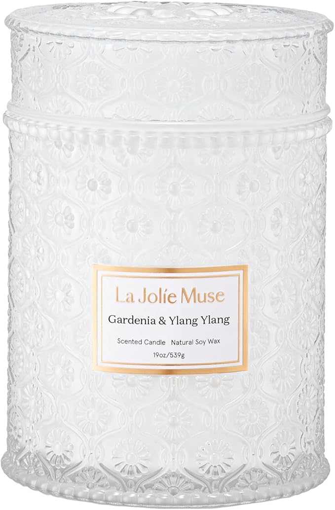 LA JOLIE MUSE Gardenia & Ylang Ylang Scented Candle ??Ylang, Tuberose, Orange Blossom |19 oz Large Wooden Wick Candle | Natural Soy Wax | 90 Hours Clean Burn | Gift-Ready for Hosts