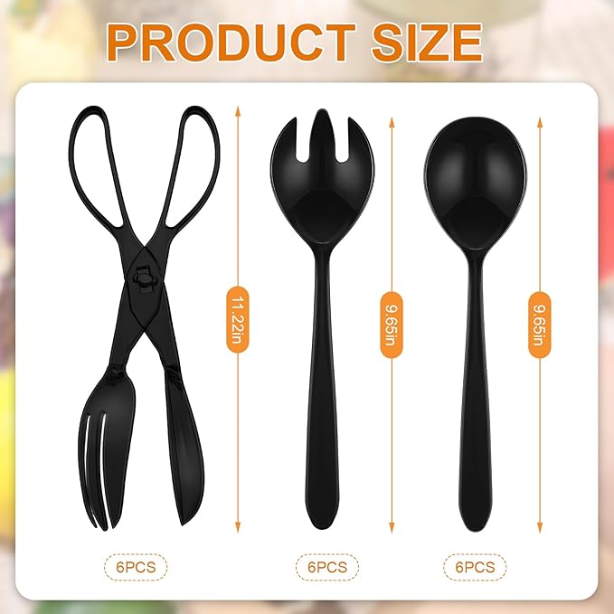18 Pcs Plastic Serving Utensils 9" Disposable Utensils Set Includes Spoons Serving Forks Tongs for Birthday Wedding Parties Buffet Cutlery Food (Black)