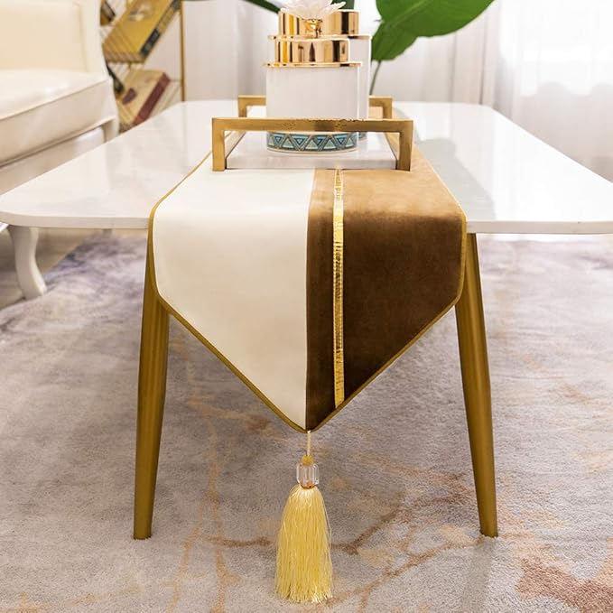 Avigers 12 x 108 Inch Decorative Luxury Brown White Gold Leather Striped Patchwork Velvet Table Runners with Tassels for Home Living Room Bedroom Art Decor Wedding