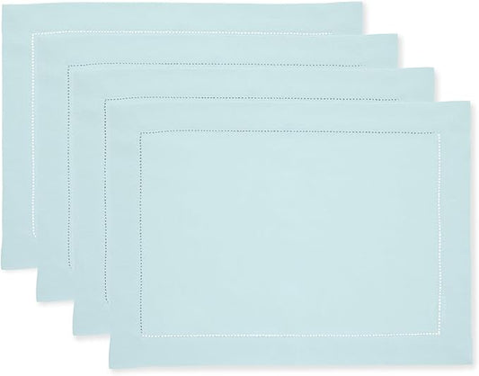 Solino Home Linen Cloth Placemats Set of 4-100% Pure Linen Hemstitch Aqua Blue Placemats 14 x 19 Inch - Classic Hemstitch Table Place Mats for Winter, Spring, Easter