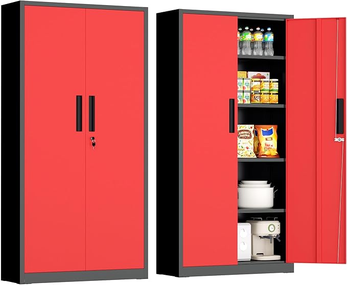 INTERGRAET 63" Tall Pantry Cabinet,Kitchen Pantry Storage Cabinets with 2 Doors and 4 Shelves,Black Red Metal Storage Cabinet,Cupboard for Home,Kitchen,Living Room/Dining