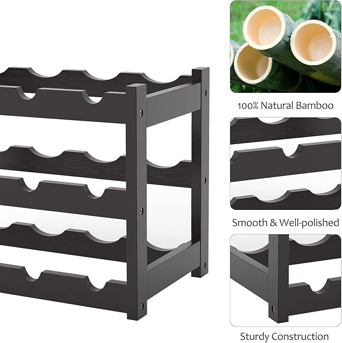 Bamboo Wine Rack Countertop, 3-Tier 12 Bottles Wine Storage Shelf for Kitchen Pantry Cabinet - Dark Brown