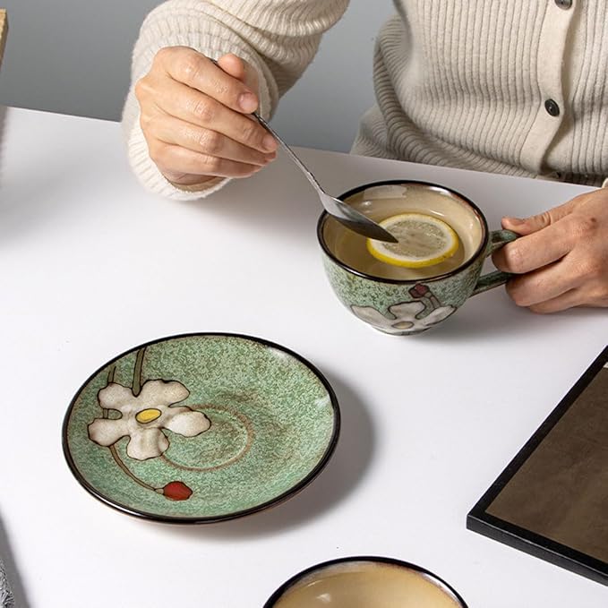 Cappuccino Cups with Saucers Set of 4 ??8oz Ceramic Coffee Cups, Latte Espresso Mugs with Floral Design, Colorful Coffee Cup Set for Cappuccino, Latte, Mocha (4 colors)