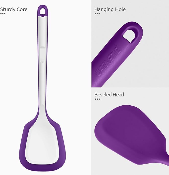 600쨘F Heat Resistant Silicone Turners: U-Taste 13.6in Long Solid & Slotted Kitchen Spatula Flipper, Large Flexible Cooking Utensil for Flipping Egg, Pancake in Nonstick Cookware(Purple, 2PCS)
