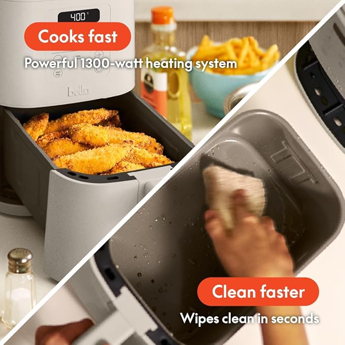 bella 4Qt Slim Air Fryer, Fits-anywhere??Kitchenware, EverGood??Ceramic Nonstick Coating, Adjustable Temperature, 6 Preset Cooking Options, 60 Min Auto Shutoff w Audible Tone, 3.3lb Capacity, Oatmilk