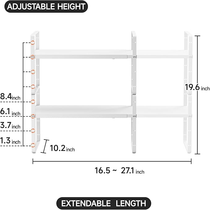 2Pack 16.5-27?쇺셂 Expandable Kitchen Shelf Organizer, Stackable Shelves Organizer, Adjustable Height Pantry Spice Rack for Cabinet, Countertop, Pantry and Cupboard, White