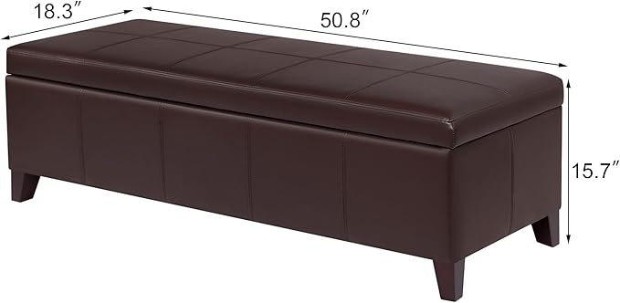 DECO DE VILLE 51 Inch Storage Ottoman Bench, Faux Leather Foot Rest with Hinged Lid, Long Rectangle Bed Bench for Living Room, Bedroom, Entryway, Coffee Brown