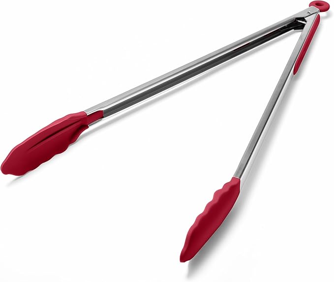 Doosu Kitchen Tongs for Cooking - 600째F Heat Resistant Food Tong with Non-Scratch Silicone Tips, Heavy Duty Stainless Steel Locking Tong for BBQ, Grilling Steak, Serving Salad, Pasta (16in, Red)