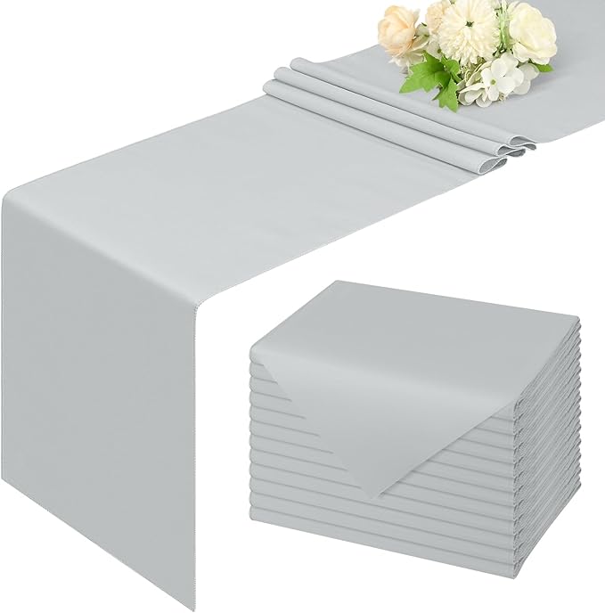 12 Pack Light Grey Table Runner 9FT Polyester Table Runners,12x108 inch Rustic Farmhouse Table Runner, Washable and Reusable Table Runners for Wedding Birthday Parties Banquet Table Decorations