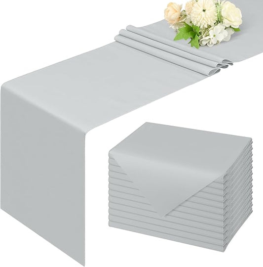 12 Pack Light Grey Table Runner 9FT Polyester Table Runners,12x108 inch Rustic Farmhouse Table Runner, Washable and Reusable Table Runners for Wedding Birthday Parties Banquet Table Decorations