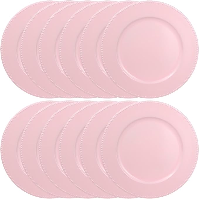 Set of 12 Plastic Pink Charger Plates, Elegant Chargers for Table Dinner Decoration, Wedding, Holiday,13"