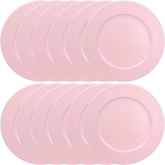 Set of 12 Plastic Pink Charger Plates, Elegant Chargers for Table Dinner Decoration, Wedding, Holiday,13"