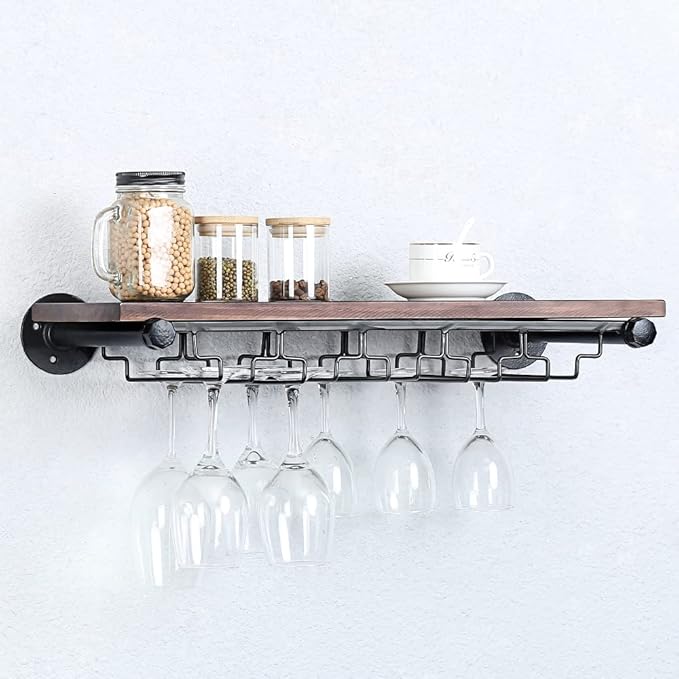 Industrial Wine Rack Wall Mounted with 5 Glass Holder,Wine Glass Rack Floating Wine Glass Shelf,24in Pipe Shelving Hanging Wood Shelves