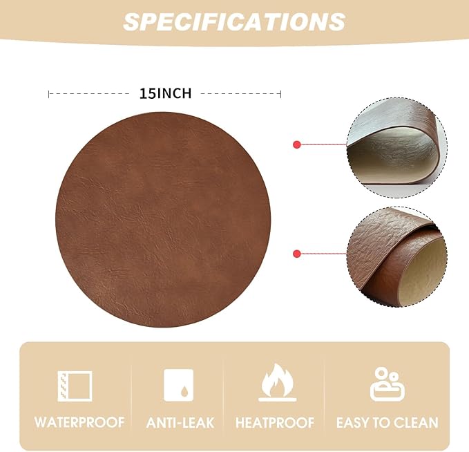 Artoid Mode Brown Faux Leather Placemats Set of 6, 15 Inch Waterproof Wipeable Heat Resistant Place Mats, Reversible Table Mats for Kitchen Dining Decor
