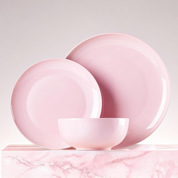 KINGSTONE Bone China Dinnerware Sets, 24-Piece Dinnerware Set for 8, Lightweight Durable, Dishwasher Safe, Tableware for Daily Use with Elegant Design, Pink